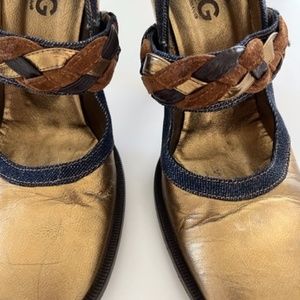 Dolce & Gabbana Gold /Denim /Suede braided Mary Jane heels. Size 40